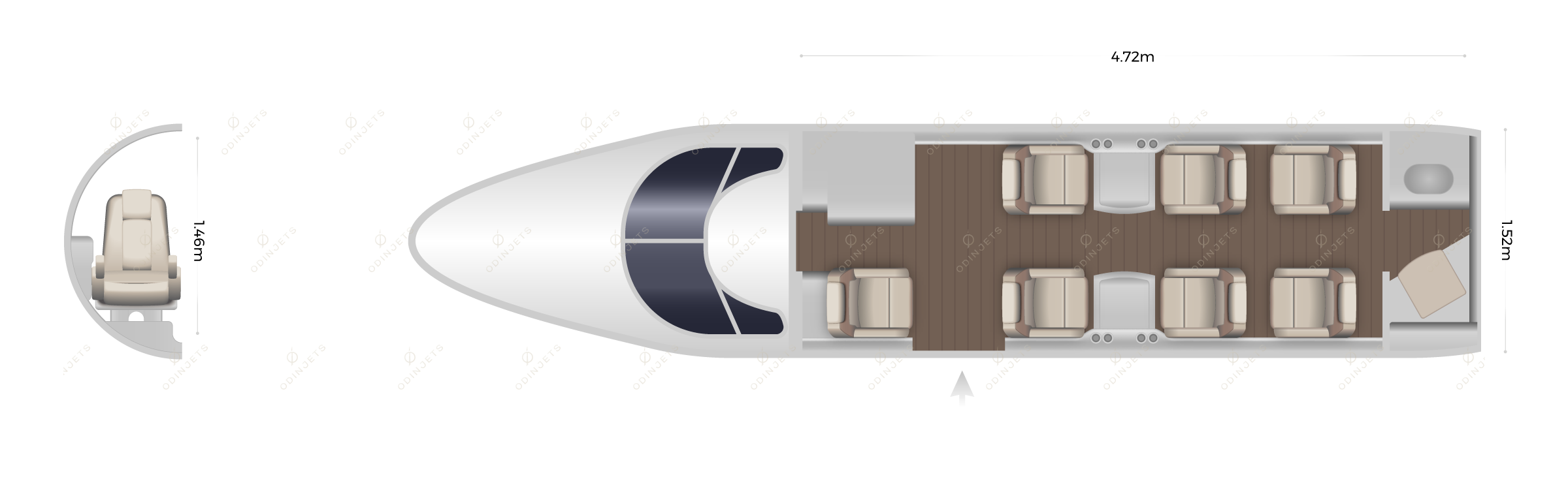 Nextant 400XT / 400XTi floorplan showing cabin seating layout, private jet available for charter with OdinJets.