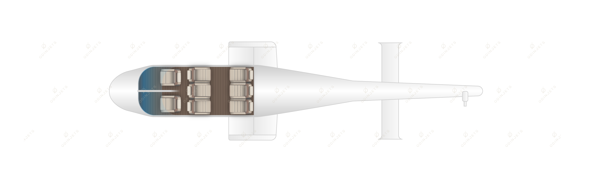 Bell 222 twin-engine helicopter floor plan showing VIP passenger seating configuration and cabin layout for private charter flights.