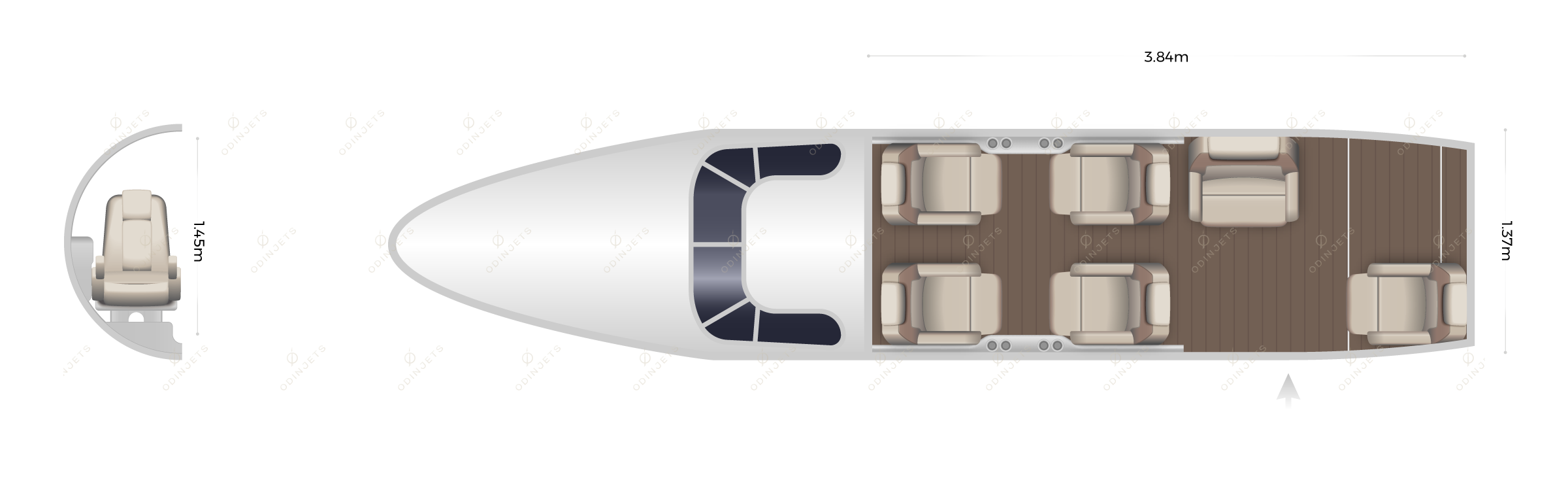 Beechcraft King Air C90 floorplan showing cabin seating layout, view 1 of 2 – private jet available for charter with OdinJets.