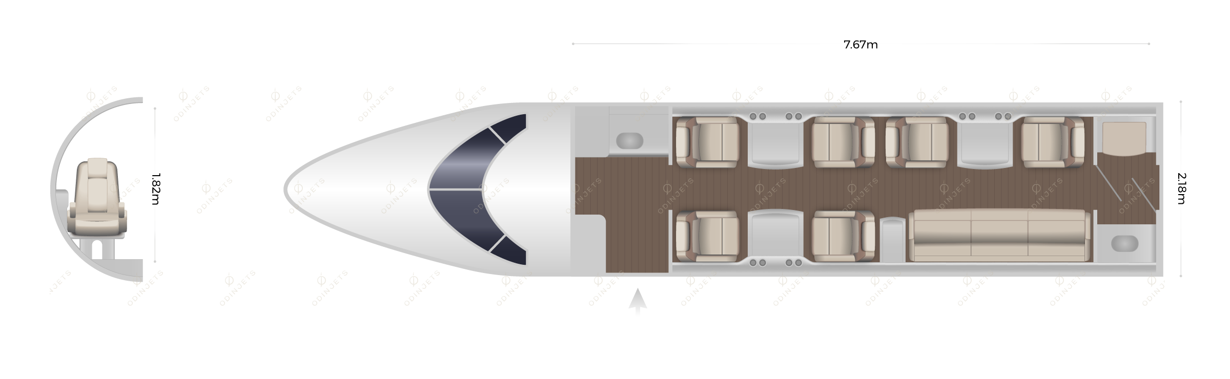 Bombardier Challenger 300 / 350 floorplan showing cabin seating layout, view 1 of 2 – private jet available for charter with OdinJets.