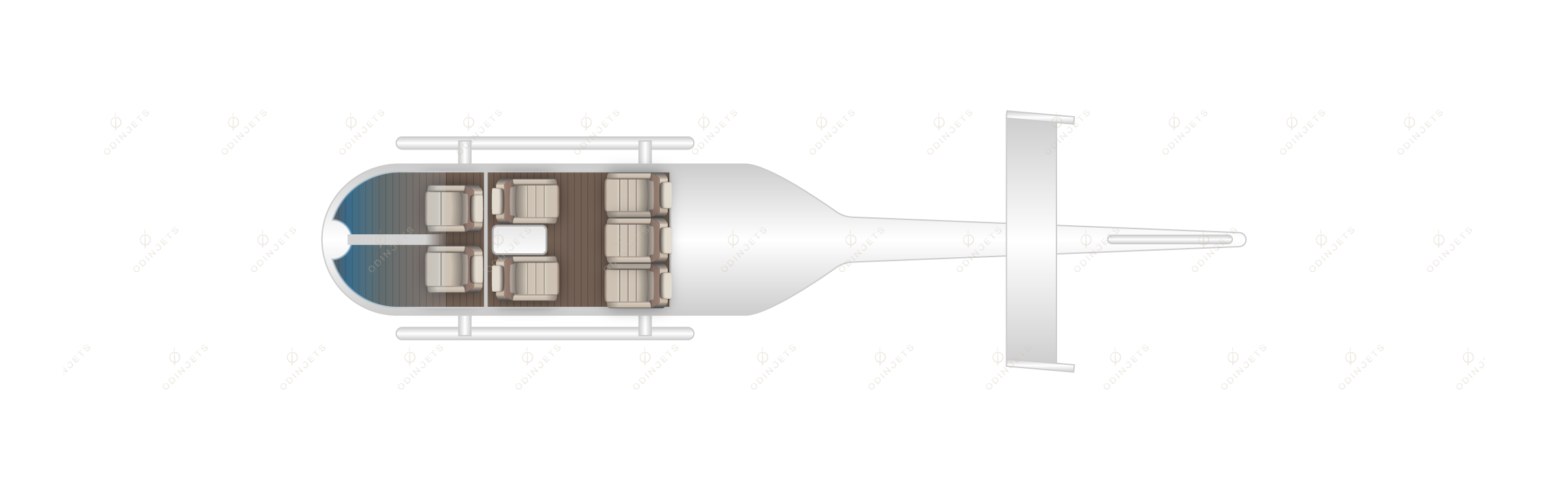 Eurocopter EC135 floorplan showing cabin seating layout – helicopter charter available with OdinJets.