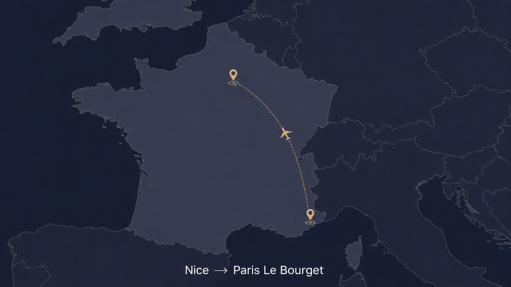 Nice Côte d’Azur to Paris Le Bourget private jet route map