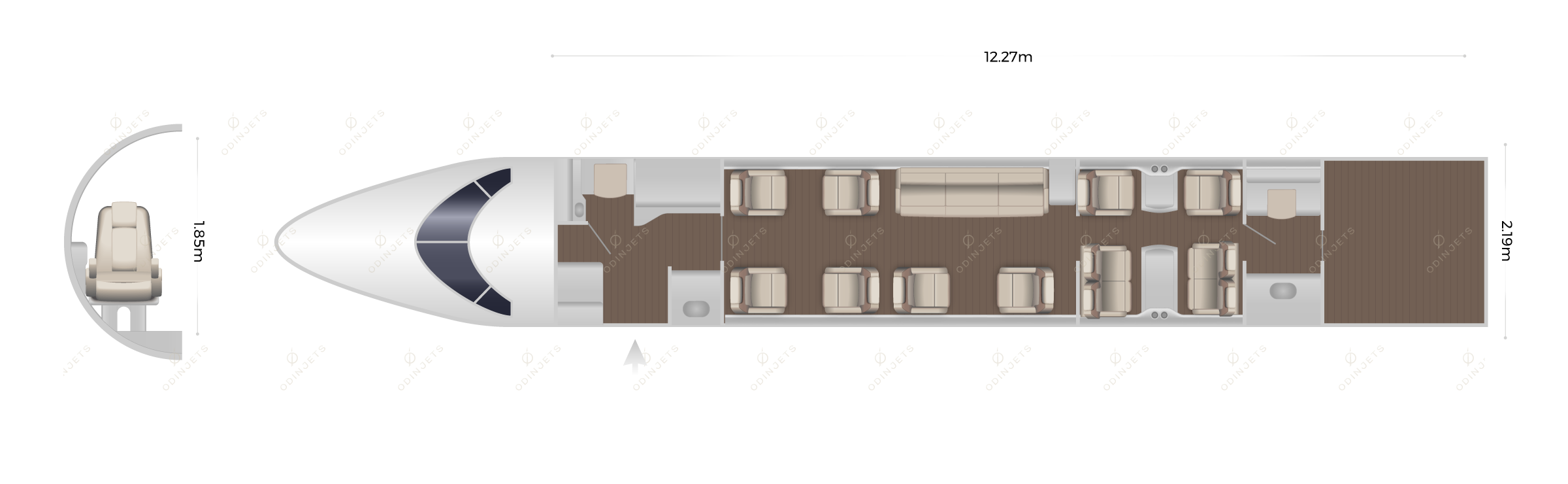 Bombardier Challenger 850 floorplan showing cabin seating layout, private jet available for charter with OdinJets.