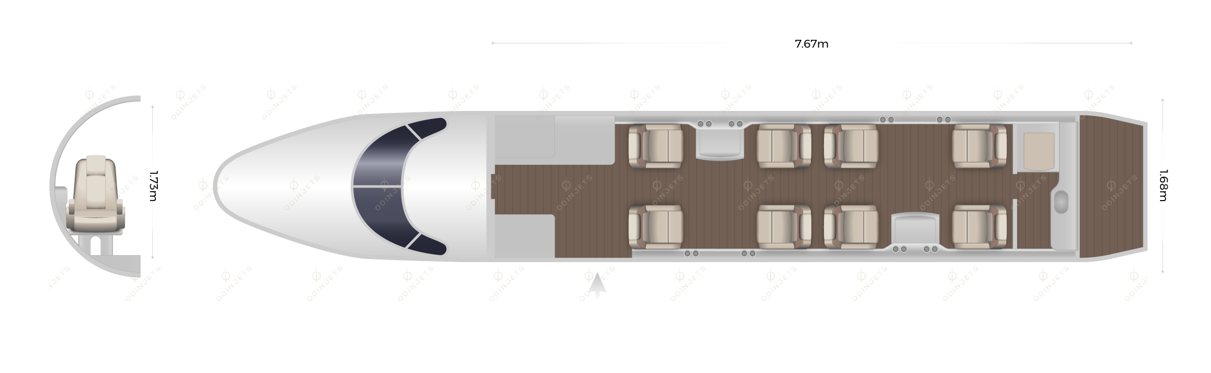 Cessna Citation X floorplan showing cabin seating layout, private jet available for charter with OdinJets.