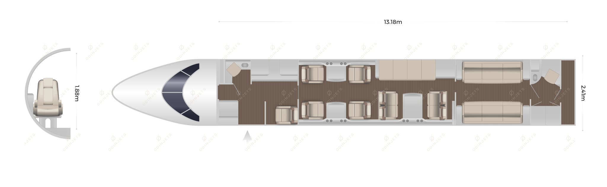 Bombardier Global 6500 floorplan showing cabin seating layout, private jet available for charter with OdinJets.