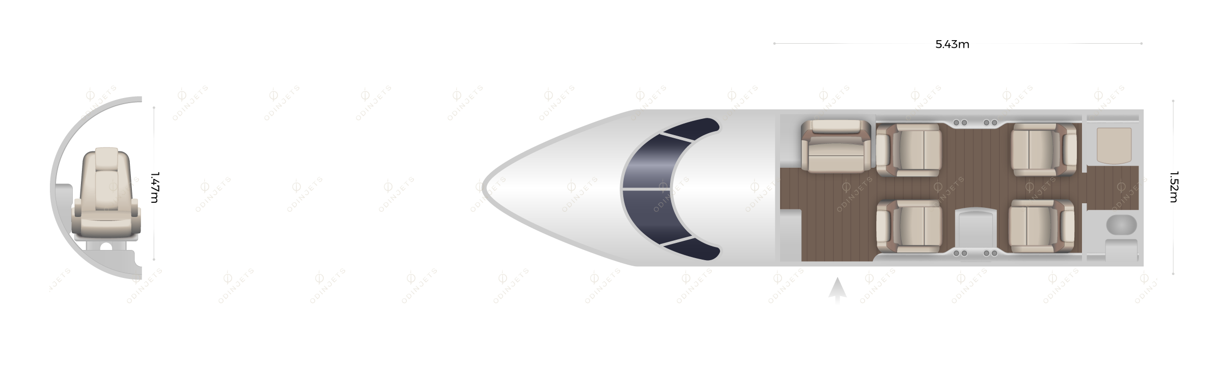 Honda HondaJet floorplan showing cabin seating layout – private jet available for charter with OdinJets.
