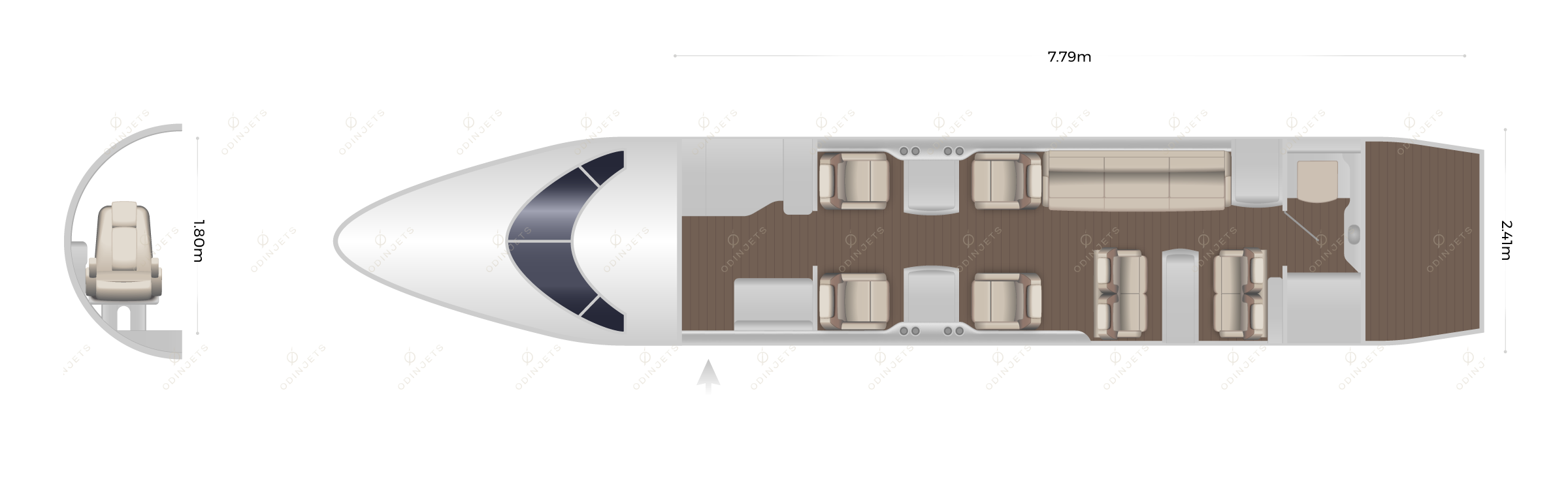 Bombardier Challenger 604 / 605 floorplan showing cabin seating layout, private jet available for charter with OdinJets.