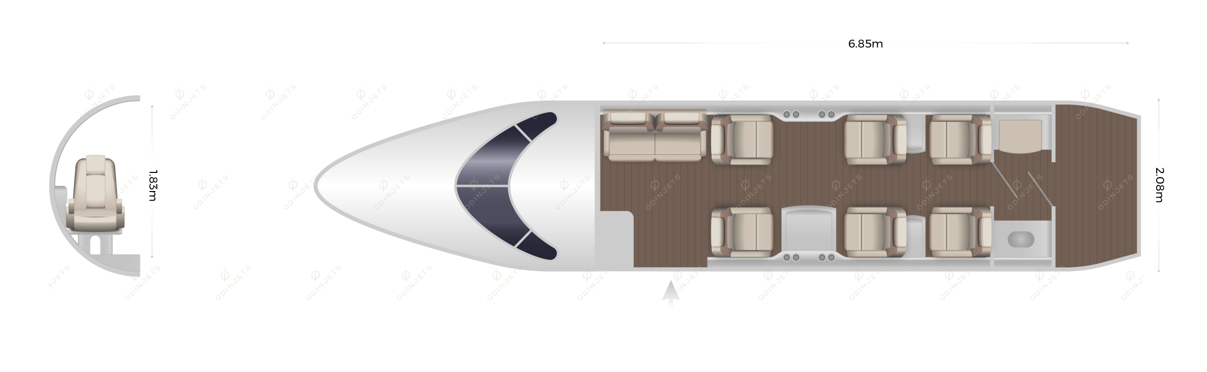 Embraer Legacy 450 floorplan showing cabin seating layout, view 1 of 2 – private jet available for charter with OdinJets.