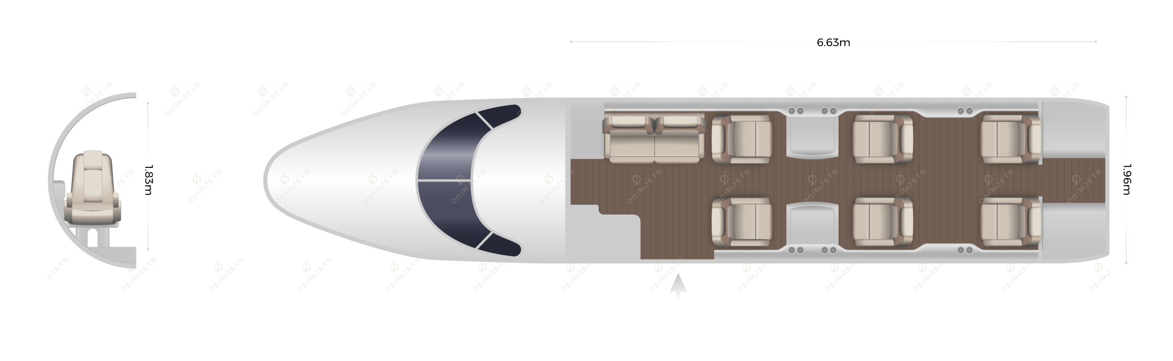 Cessna Citation Latitude floorplan showing cabin seating layout, view 1 of 2 – private jet available for charter with OdinJets.