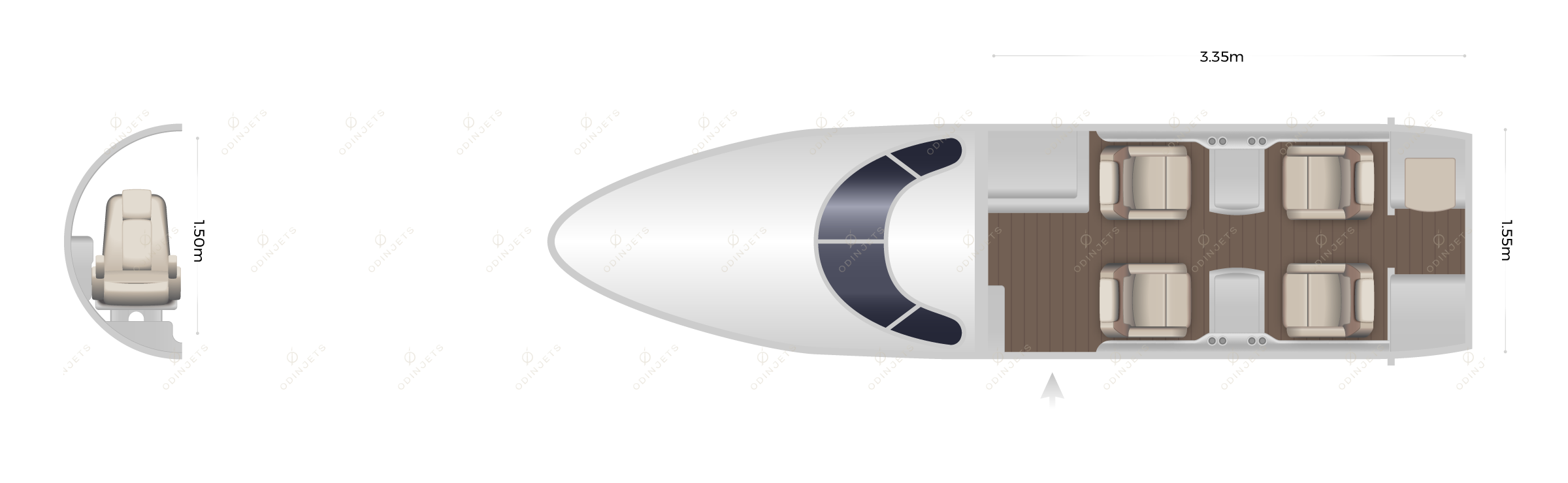 Embraer Phenom 100 floorplan showing cabin seating layout, view 1 of 2 – private jet available for charter with OdinJets.