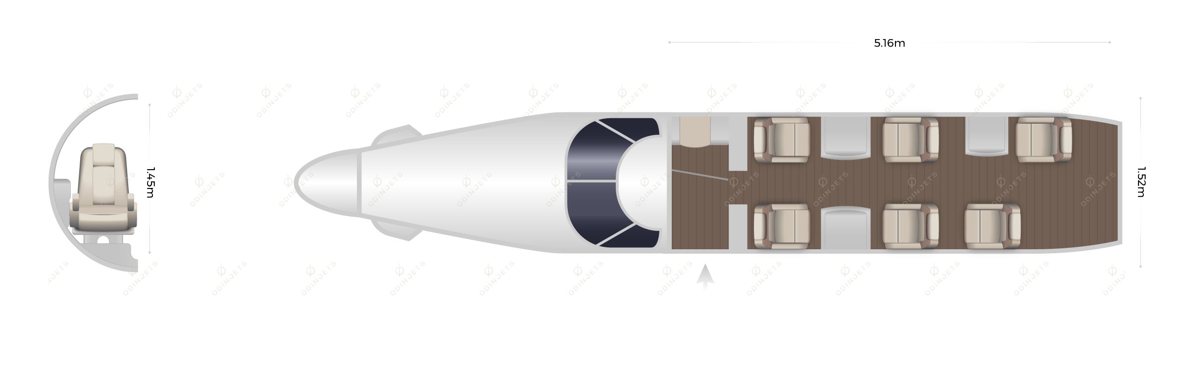 Pilatus PC-12 floorplan showing cabin seating layout, private jet available for charter with OdinJets.