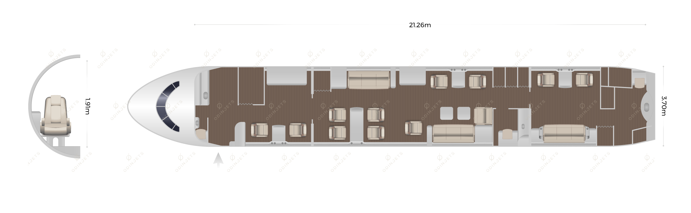 Airbus ACJ318 Elite floorplan showing cabin seating layout, view 1 of 2 – private jet available for charter with OdinJets.