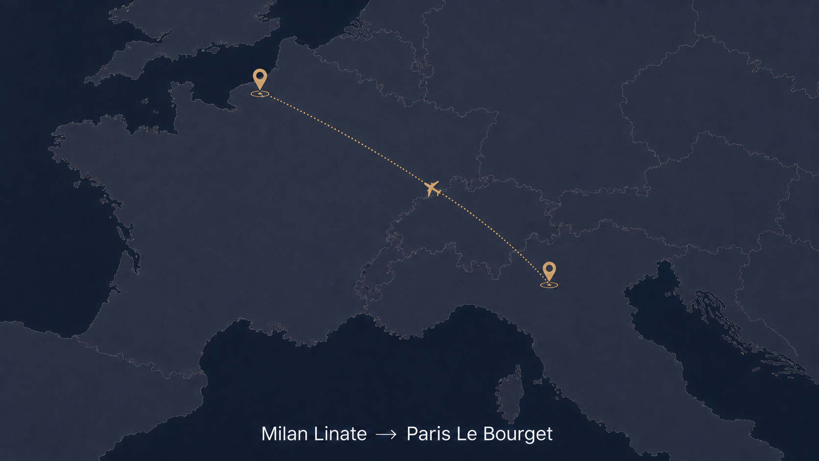 Map of the private jet route from Milan Linate to Paris Le Bourget
