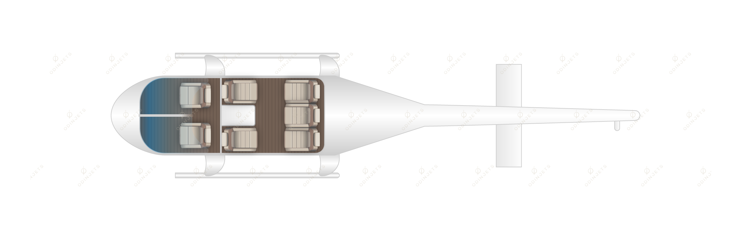 Bell 206 JetRanger floorplan showing cabin seating layout – helicopter charter available with OdinJets.