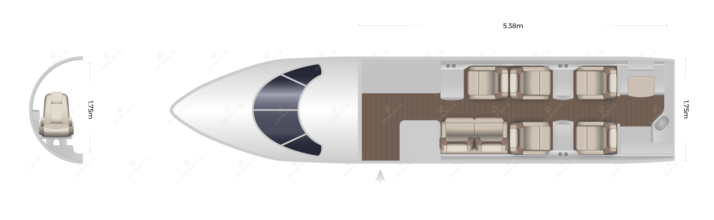 Gulfstream G150 floorplan showing cabin seating layout, view 1 of 4 – private jet available for charter with OdinJets.
