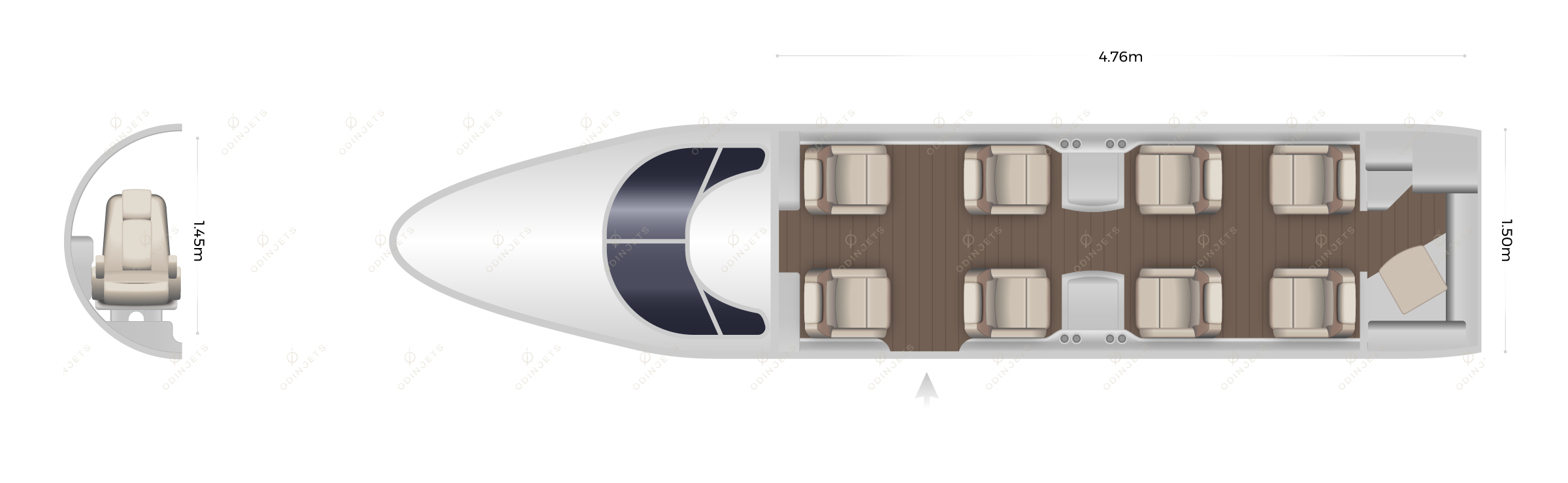 Hawker 400XP / XTi floorplan showing cabin seating layout, view 1 of 2 – private jet available for charter with OdinJets.