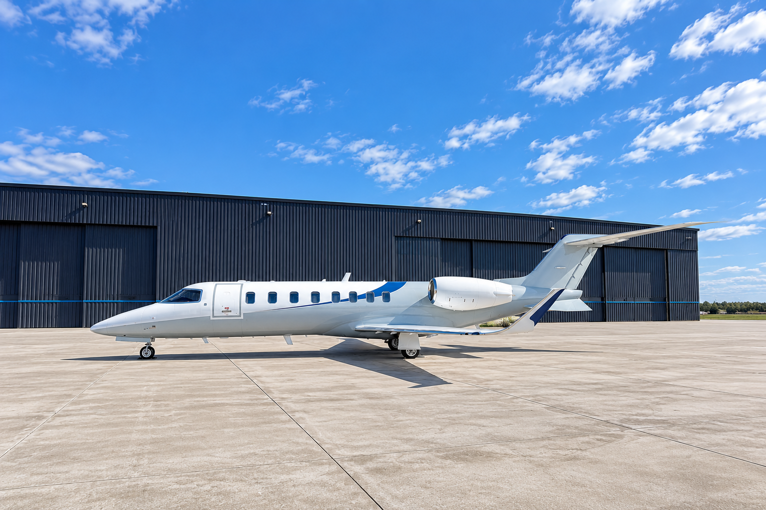 Bombardier Learjet 60 private jet parked on an airport apron, shown in a wide exterior side view in front of a hangar under a bright blue sky.