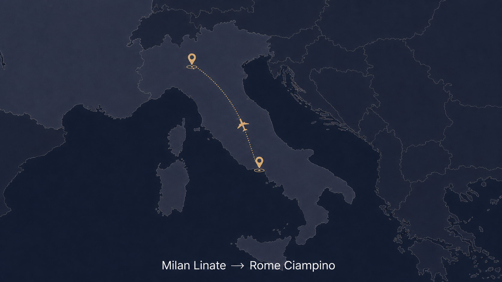 Private jet route map from Milan Linate to Rome Ciampino.