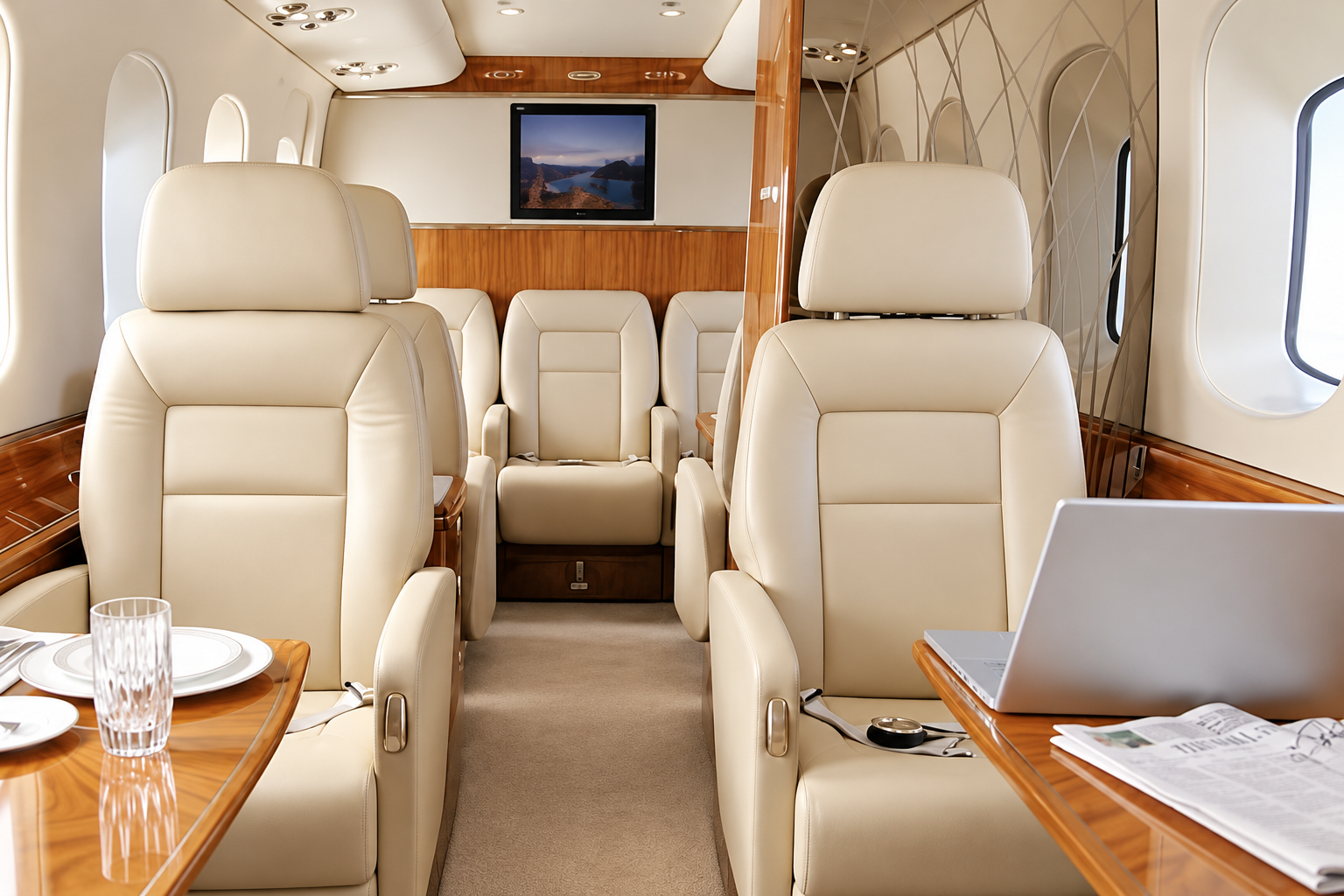 Sikorsky S-92 luxury VIP helicopter cabin featuring cream leather seating, elegant wood finishes and spacious executive interior.