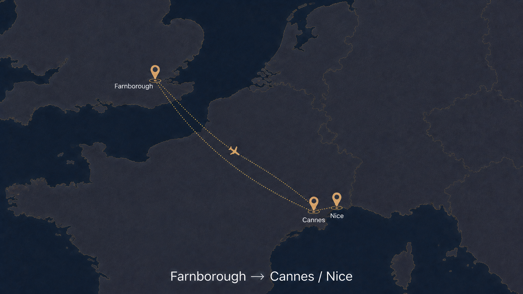 Farnborough to Cannes and Nice private jet route map