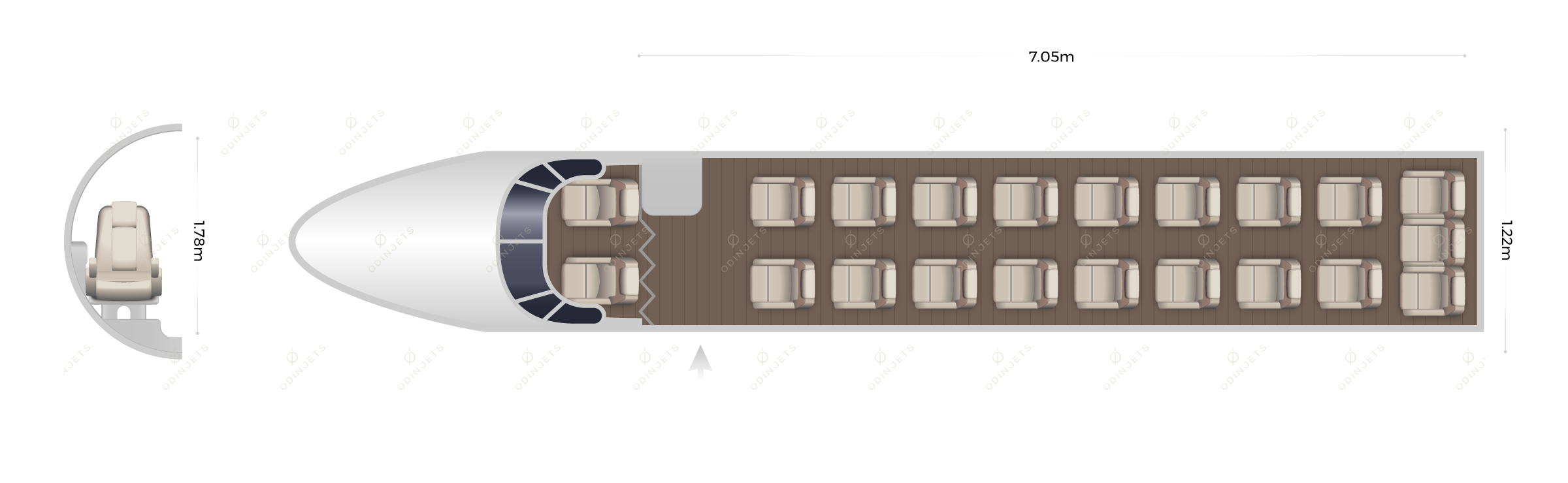 Beechcraft 1900D floorplan showing cabin seating layout – private jet available for charter with OdinJets.