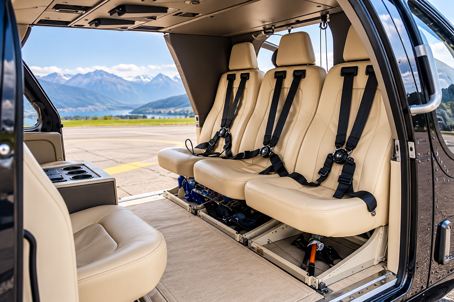 MD 900 Explorer helicopter cabin interior featuring beige leather passenger seating, panoramic views and spacious VIP configuration.