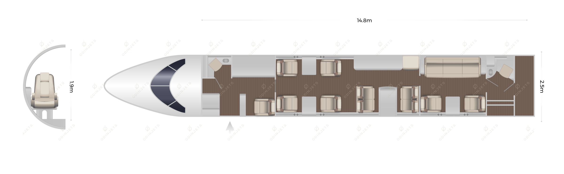 Bombardier Global Express / XRS floorplan showing cabin seating layout, view 1 of 3 – private jet available for charter with OdinJets.