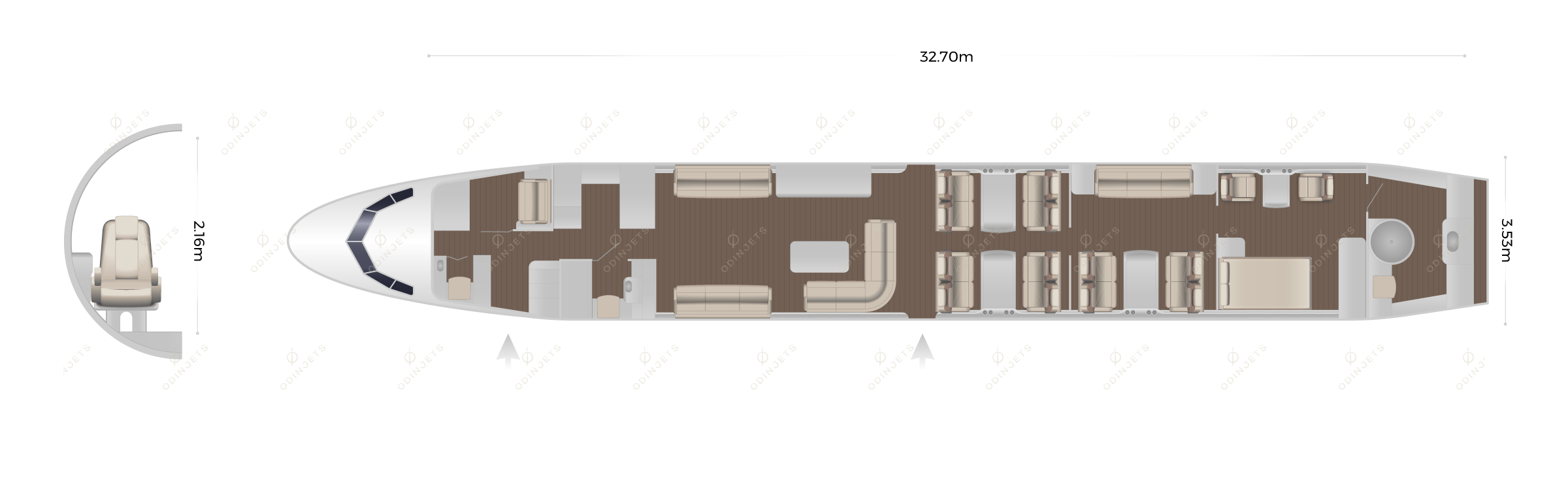 Boeing BBJ (737) floorplan showing cabin seating layout – private jet available for charter with OdinJets.