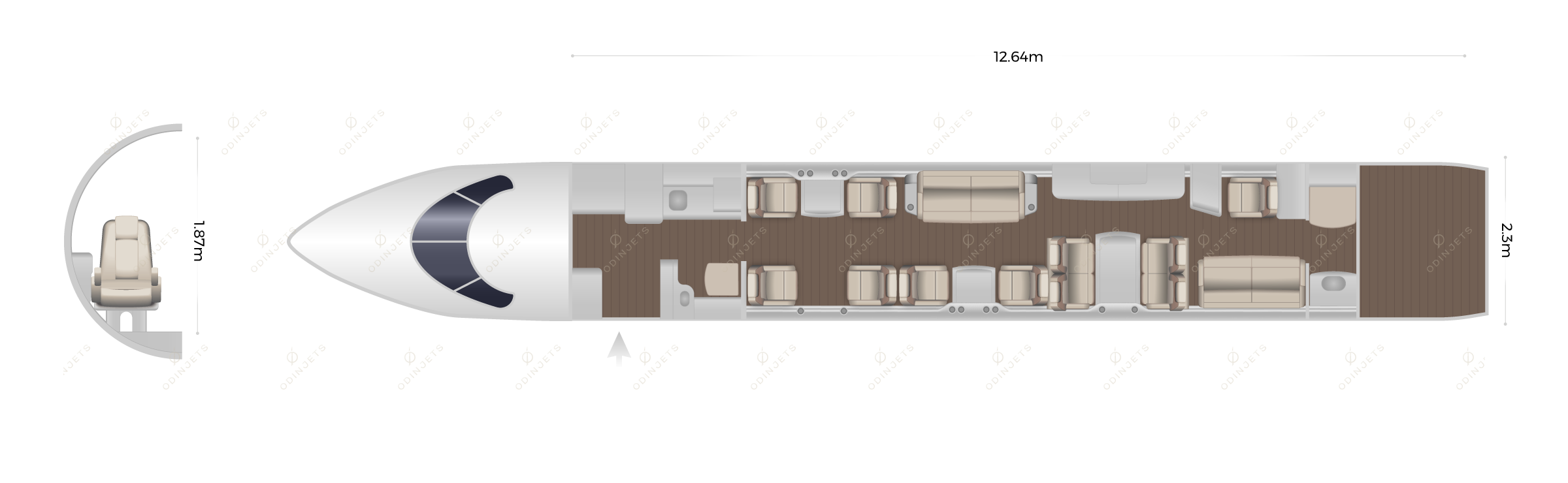 Gulfstream G550 floorplan showing cabin seating layout, view, private jet available for charter with OdinJets.