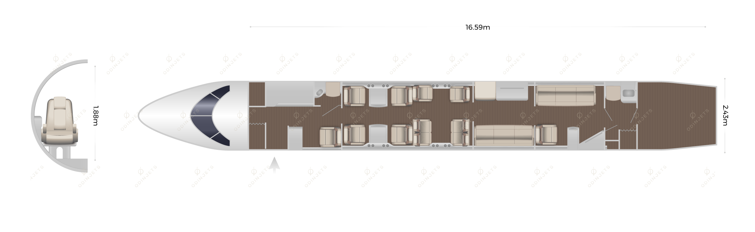 Bombardier Global 7500 floorplan showing cabin seating layout, view 1 of 2 – private jet available for charter with OdinJets.