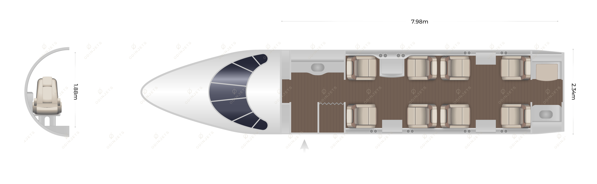 Dassault Falcon 2000EX / LX / LXS / S floorplan showing cabin seating layout, view 1 of 4 – private jet available for charter with OdinJets.
