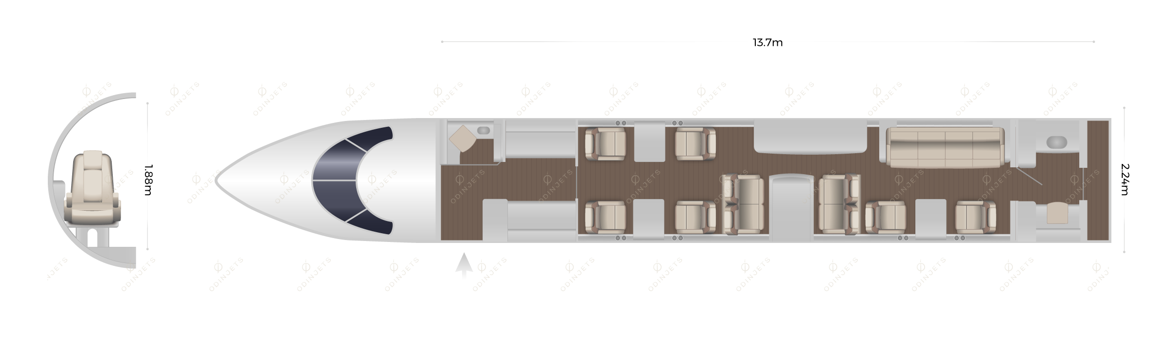 Gulfstream G450 floorplan showing cabin seating layout, private jet available for charter with OdinJets.