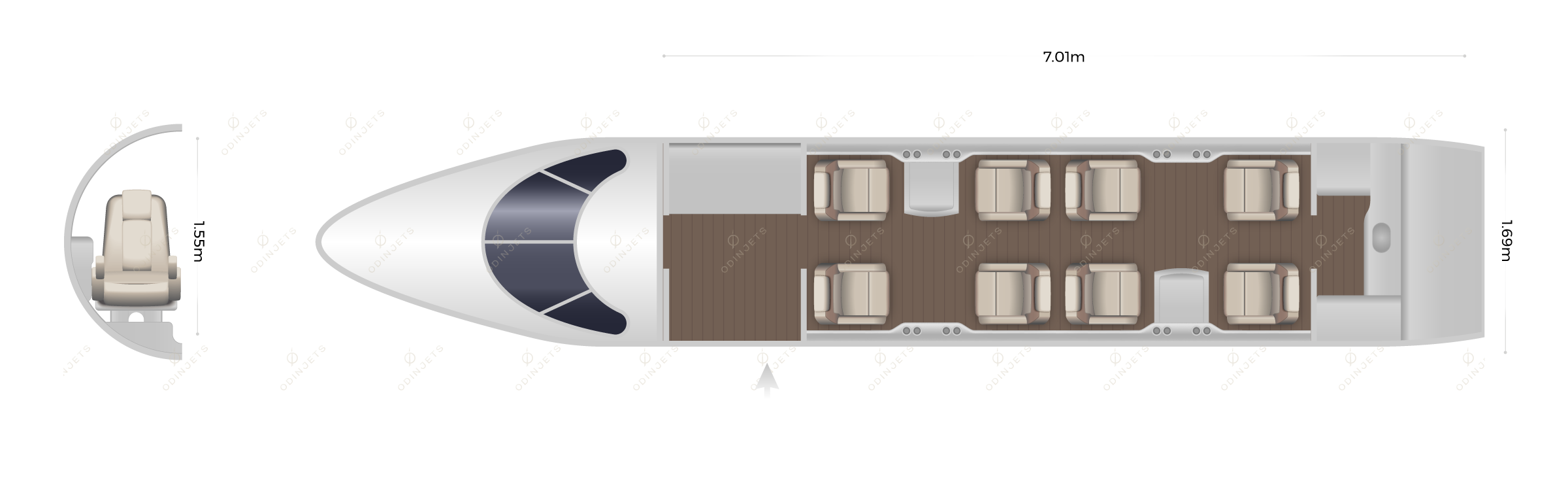 Pilatus PC-24 floorplan showing cabin seating layout, private jet available for charter with OdinJets.