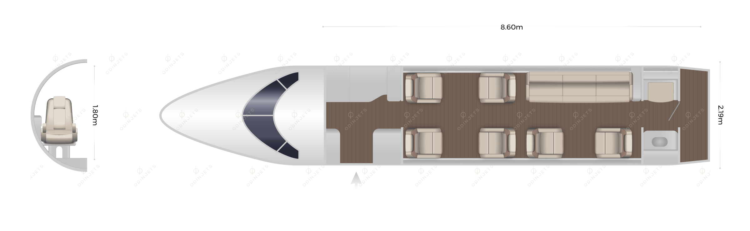 Bombardier Challenger 600 / 601 floorplan showing cabin seating layout, view 1 of 3 – private jet available for charter with OdinJets.