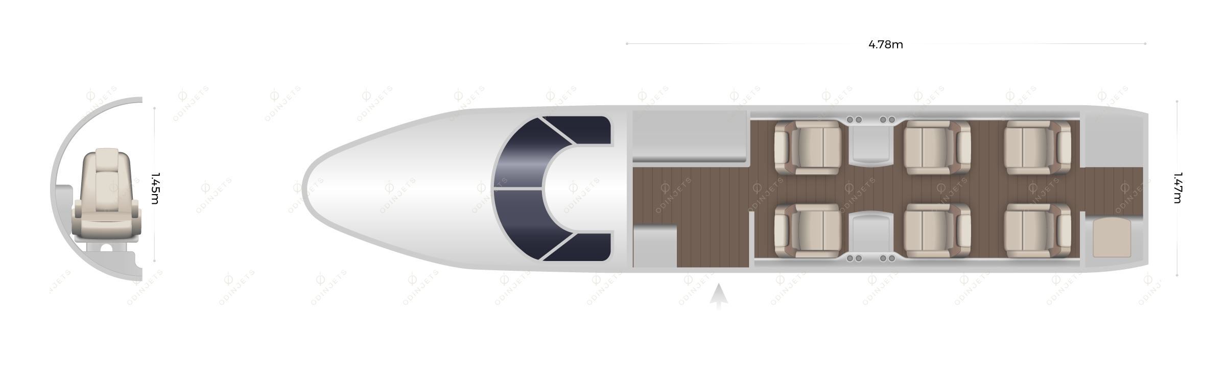 Cessna Citation CJ3 floorplan showing cabin seating layout, view 1 of 2 – private jet available for charter with OdinJets.