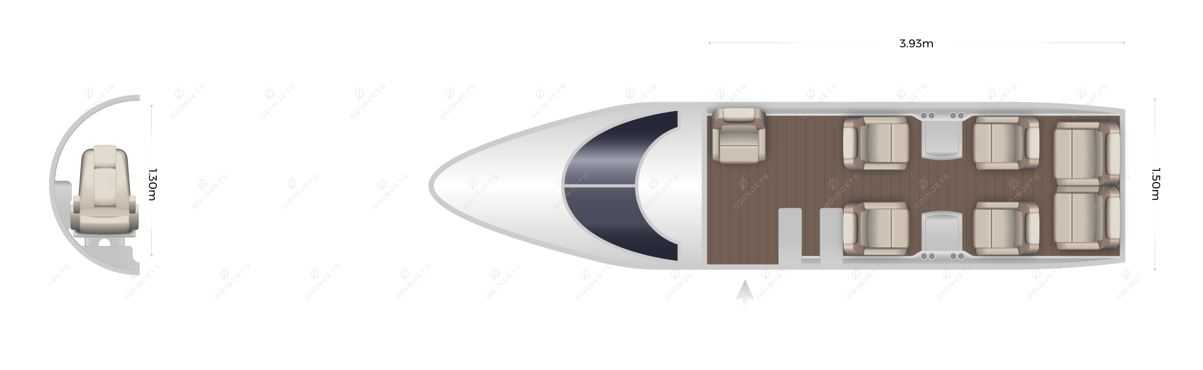 Bombardier Learjet 35 floorplan showing cabin seating layout, private jet available for charter with OdinJets.