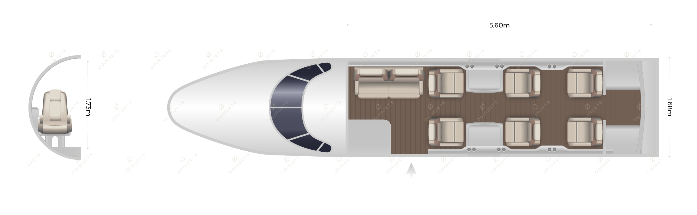 Cessna Citation III / VI / VII / 650 floorplan showing cabin seating layout, view 1 of 3 – private jet available for charter with OdinJets.
