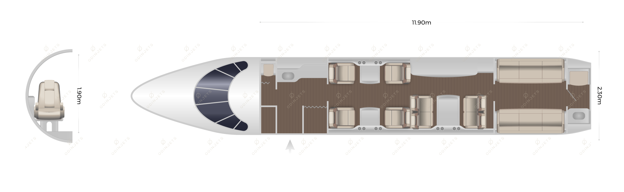 Dassault Falcon 900B / EX / DX / LX floorplan showing cabin seating layout – private jet available for charter with OdinJets.