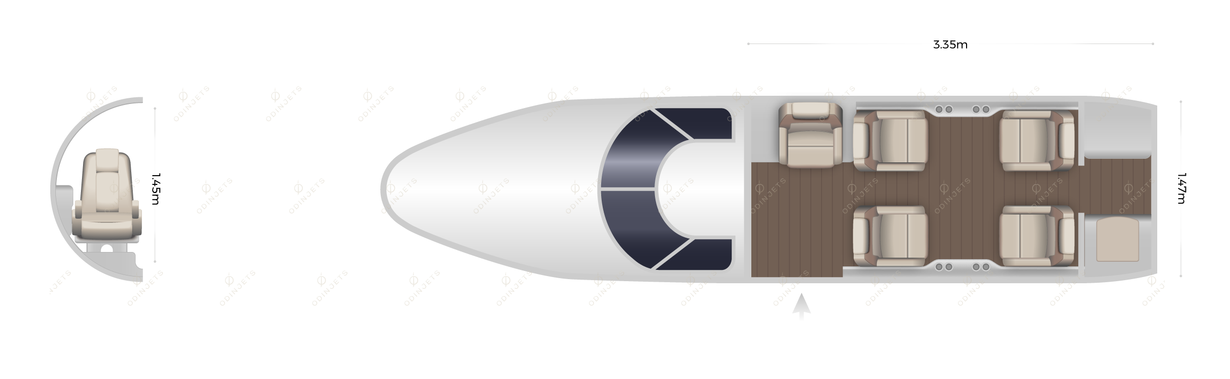 Cessna Citation CJ / CJ1 floorplan showing cabin seating layout, private jet available for charter with OdinJets.