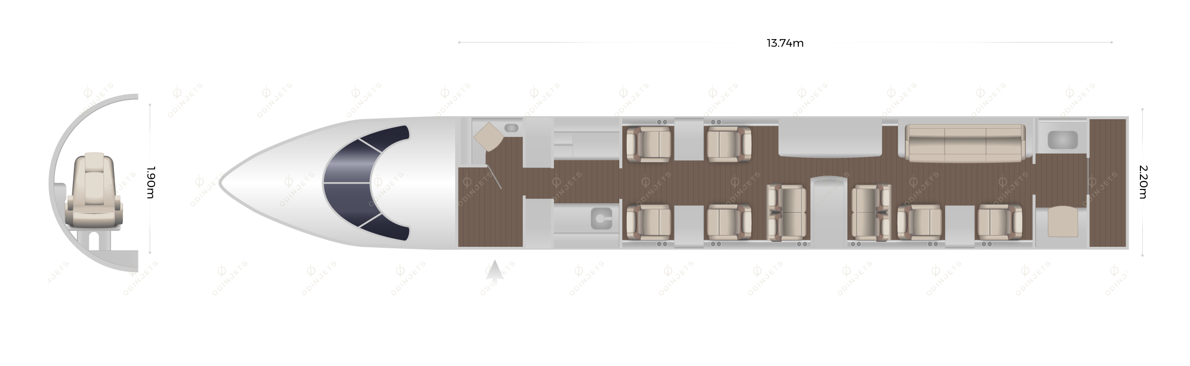 Gulfstream GIV / GIV-SP floorplan showing cabin seating layout, private jet available for charter with OdinJets.