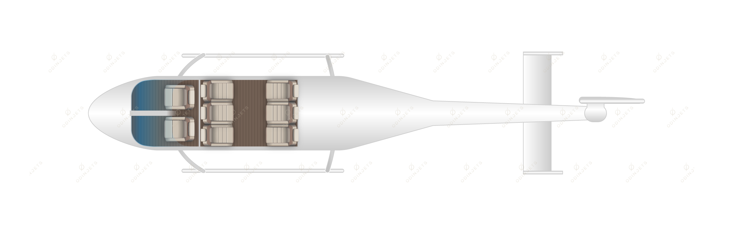Bell 429 floorplan showing cabin seating layout – helicopter charter available with OdinJets.