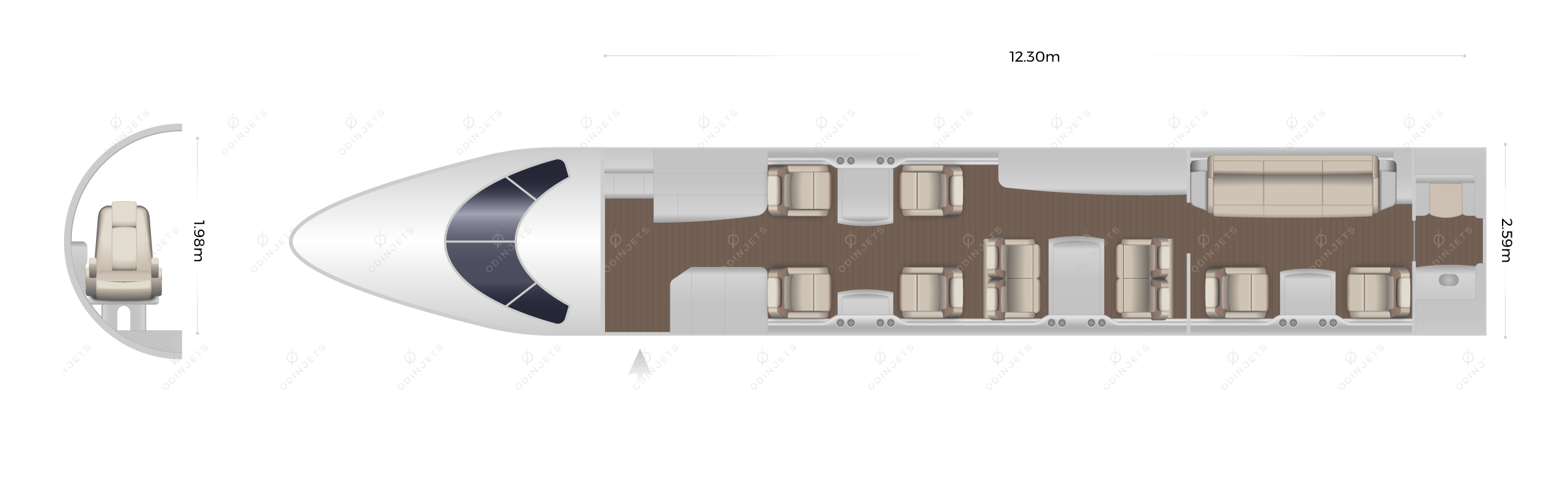 Dassault Falcon 6X floorplan showing cabin seating layout – private jet available for charter with OdinJets.