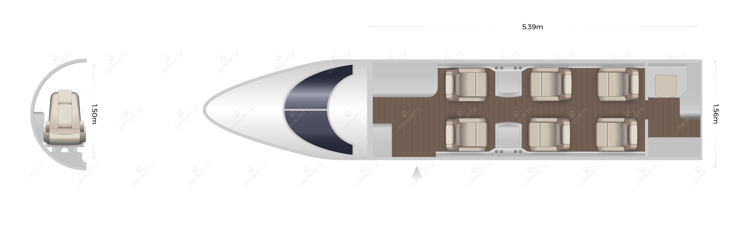 Bombardier Learjet 40 / 70 floorplan showing cabin seating layout – private jet available for charter with OdinJets.
