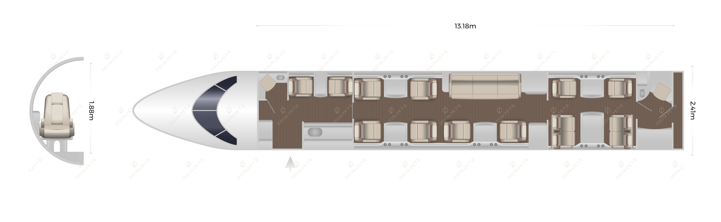 Bombardier Global 6000 floorplan showing cabin seating layout, private jet available for charter with OdinJets.