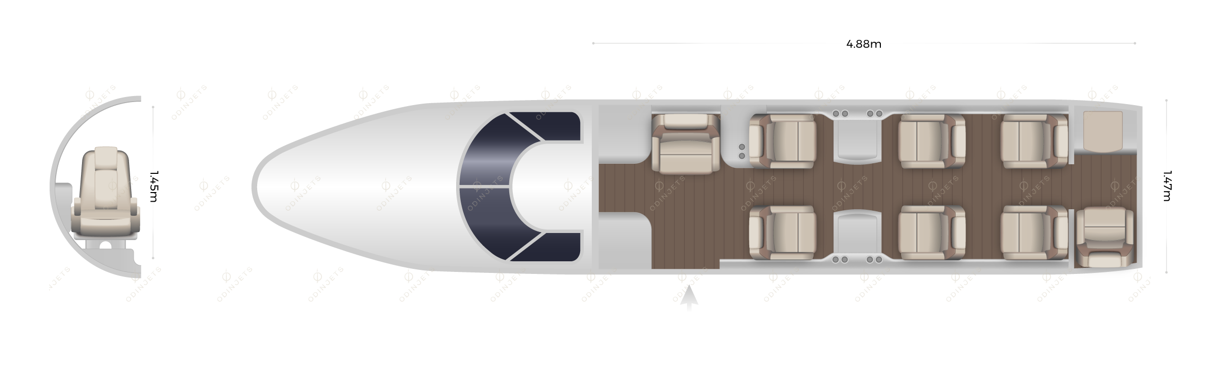 Cessna Citation Bravo floorplan showing cabin seating layout, view 1 of 2 – private jet available for charter with OdinJets.