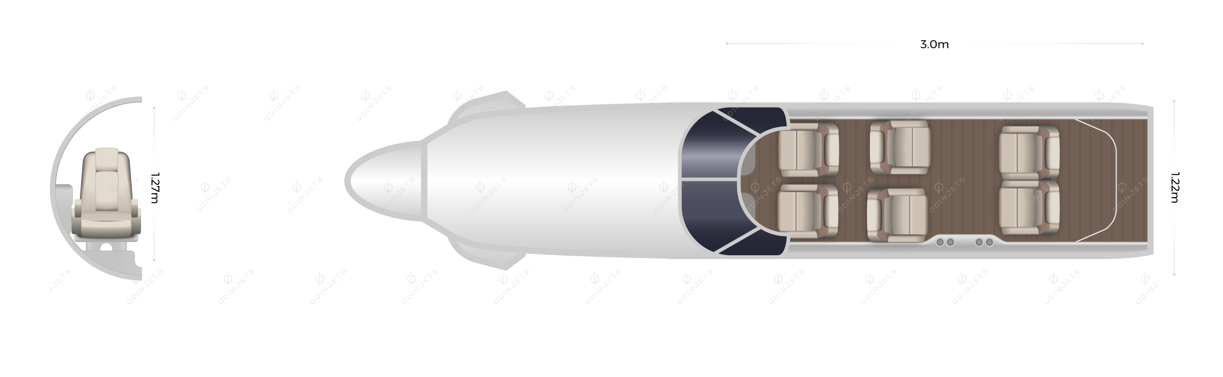 Daher TBM 850 floorplan showing cabin seating layout – private jet available for charter with OdinJets.