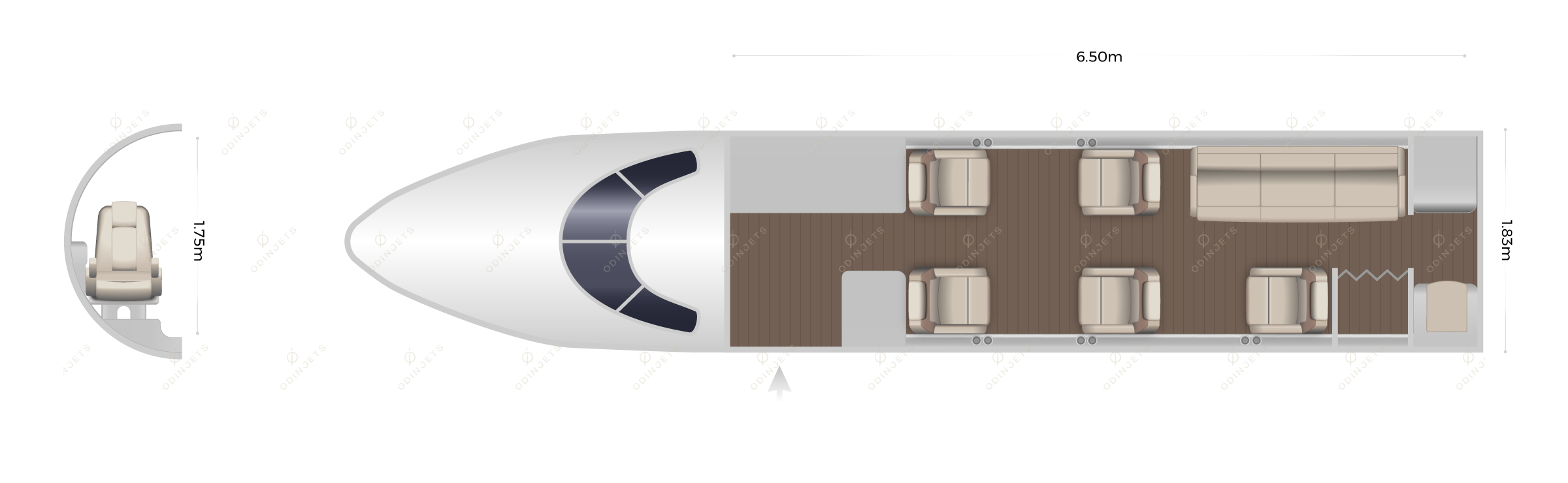 Hawker 700 / 750 / 800XP / 900XP floorplan showing cabin seating layout, private jet available for charter with OdinJets.