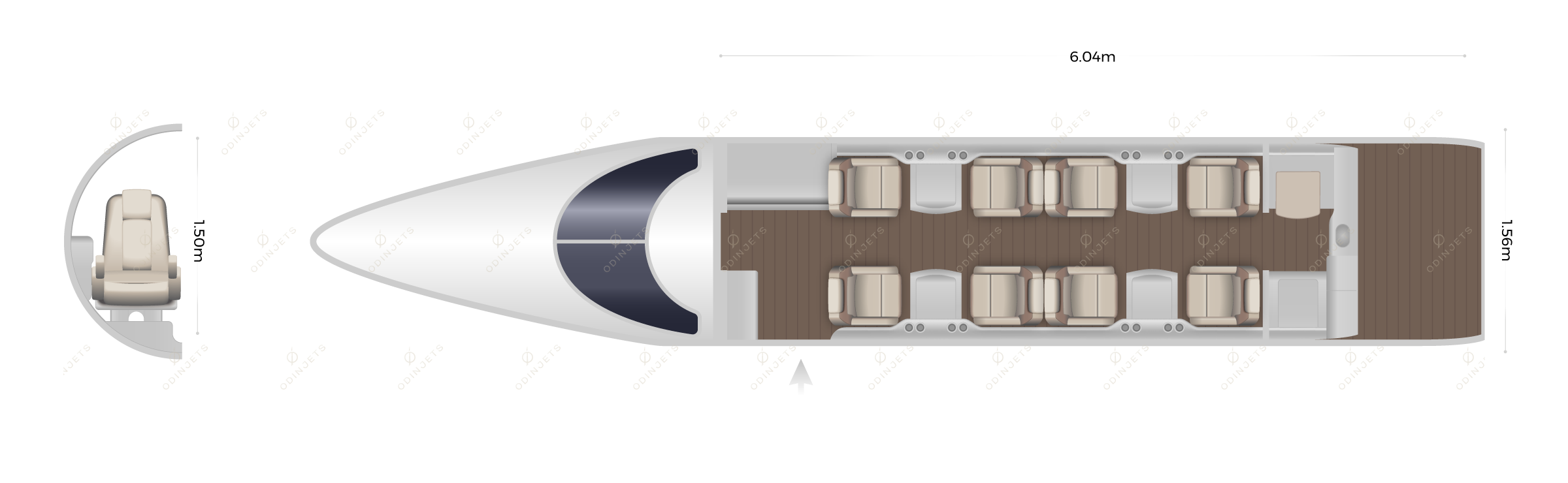 Bombardier Learjet 75 floorplan showing cabin seating layout – private jet available for charter with OdinJets.