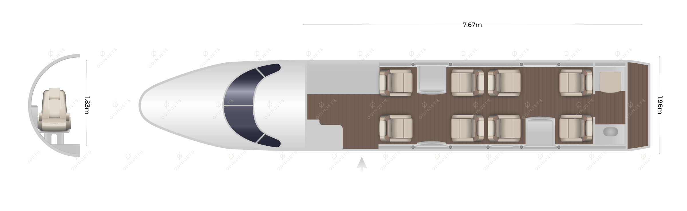 Cessna Citation Longitude floorplan showing cabin seating layout, private jet available for charter with OdinJets.