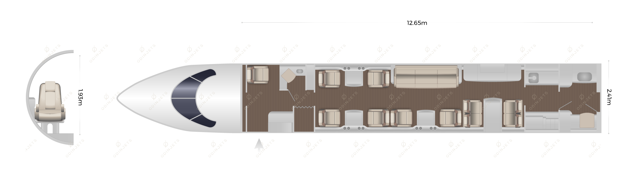 Gulfstream G500 floorplan showing cabin seating layout, private jet available for charter with OdinJets.